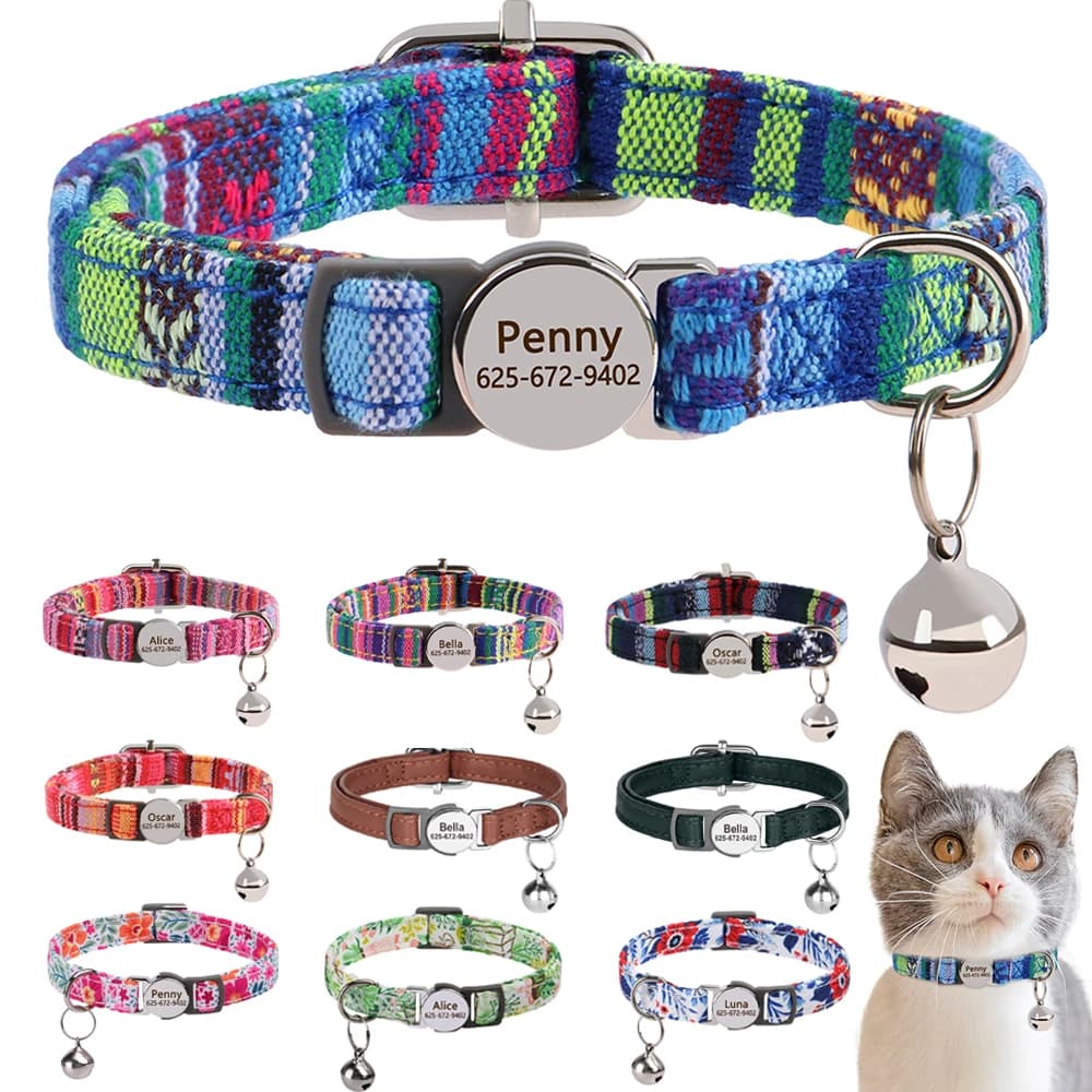طوق قطط قابل للتعديل، أطواق قطط صغيرة مخصصة، أطواق نقش اسم الحيوان الأليف، مضادة للفقدان، مناسبة للقطط والكلاب الصغيرة