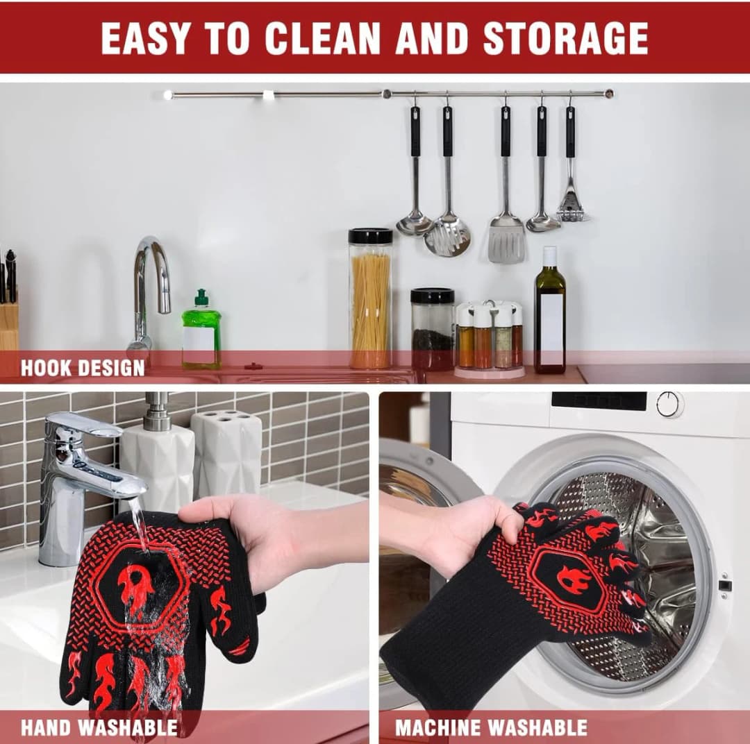 قفازات شواء مقاومة للحرارة العالية، مقاومة للحريق، طويلة، قابلة للغسل - 4