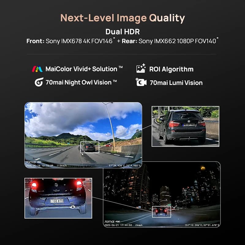 70mai 4K Dash Cam A810S Dual 4K+1080P STARVIS2 IMX678 HDR GPS ADAS 24H Parking Voice Car DVR Supercapacitor Buffered Recording - 5