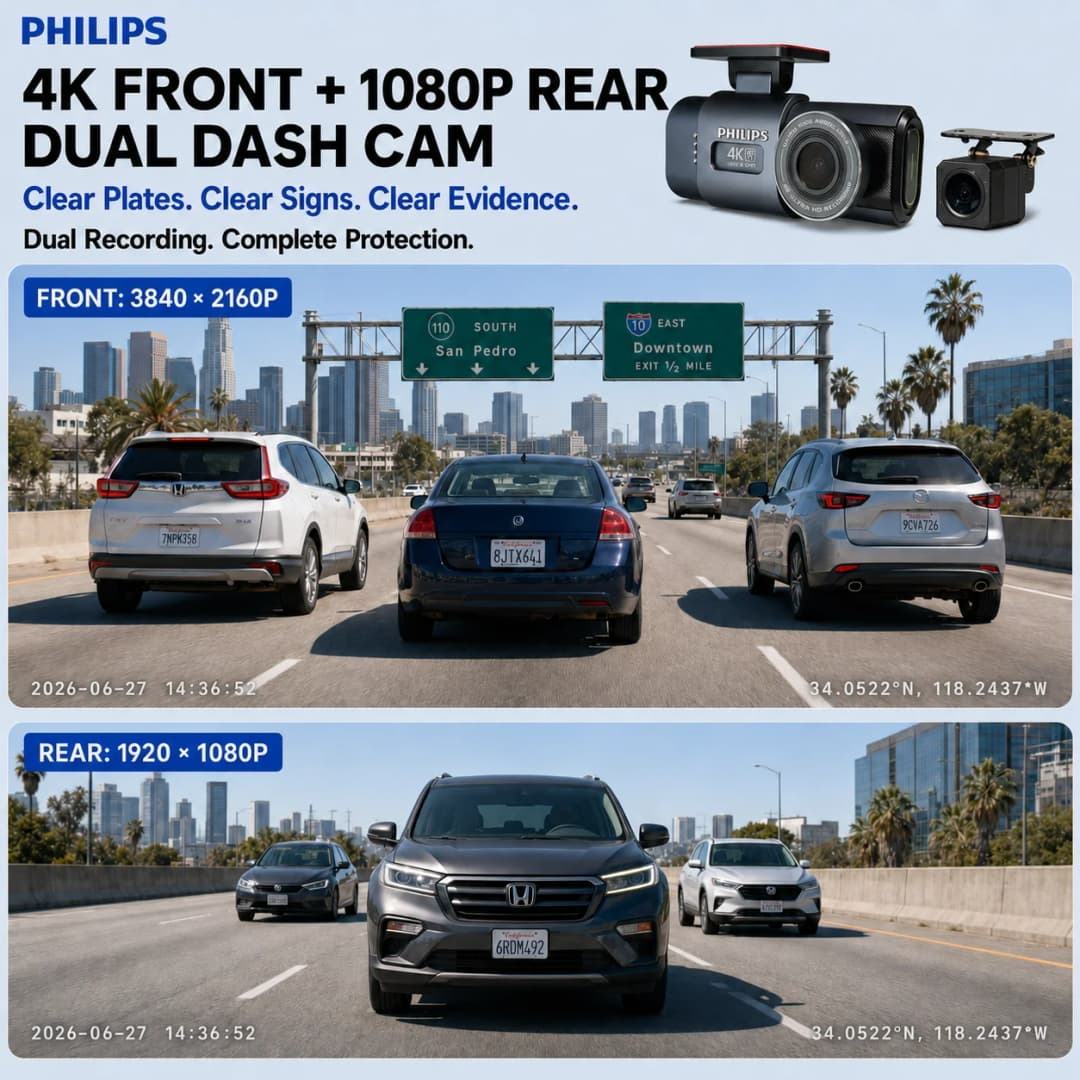 كاميرا سيارة PHILIPS Dash Cam B05 بدقة 4K+2K HDR مزدوجة أمامية وخلفية بشاشة 3.16 بوصة IPS واي فاي 2.4G 5.8G تطبيق GPS دعم كشف الحركة أثناء الوقوف 24 ساعة - 2