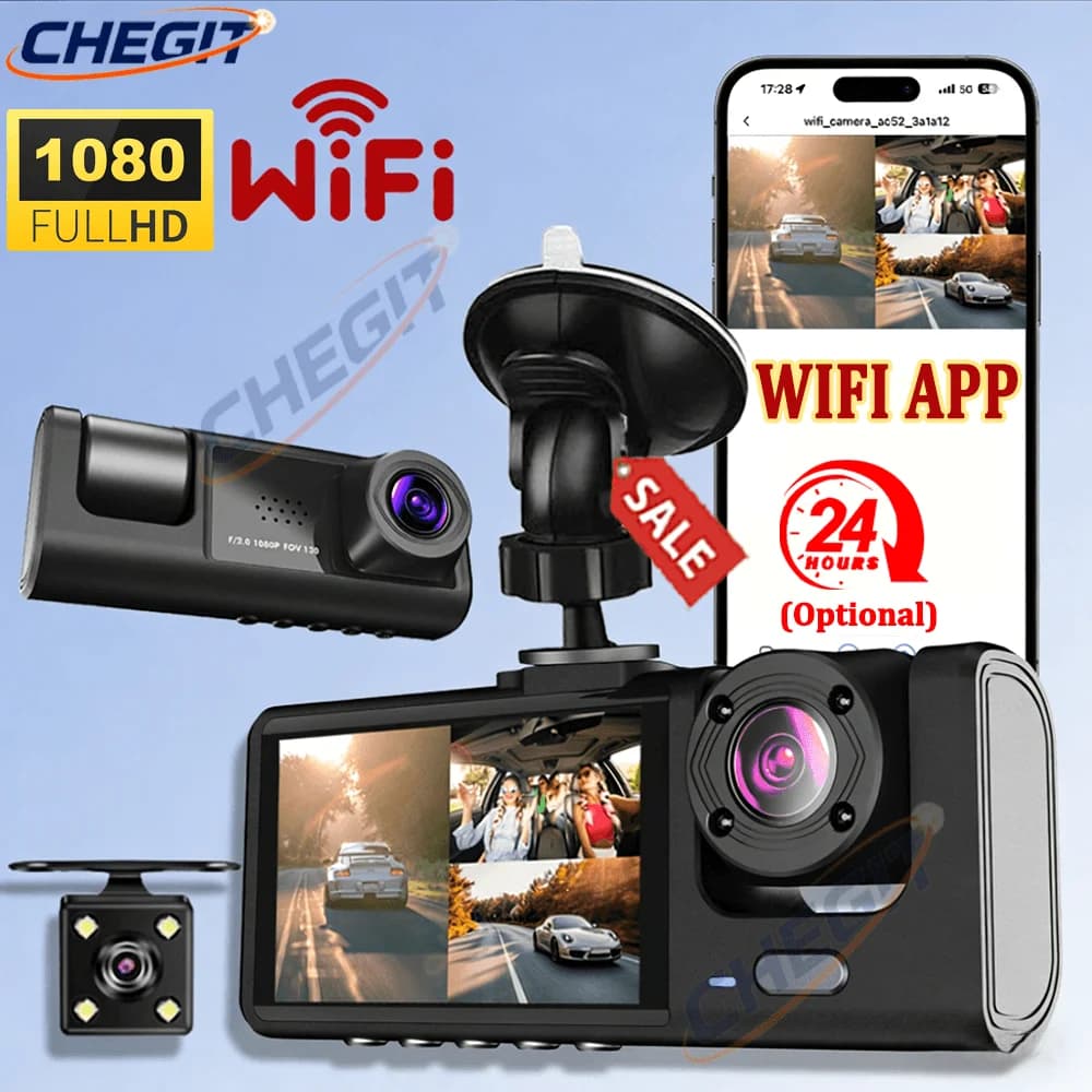 جهاز تسجيل فيديو رقمي للسيارات بدقة 1080 بكسل مع واي فاي - 2/3 كاميرات داش، كاميرا أمامية اختيارية، كاميرا خلفية للرؤية الليلية