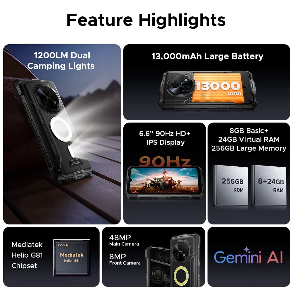 DOOGEE Fire 5 Ultra Rugged Phone 32GB+256GB 13000mAh Mediatek Helio G81 6.6'' 48MP Camera Camping Lights Android15 Smartphone - 2