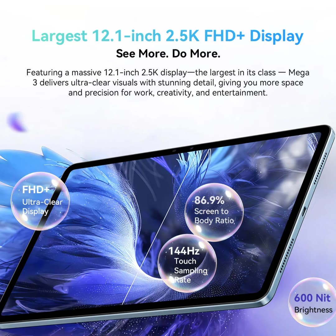 جهاز بلاك فيو ميجا 3 اللوحي بشاشة 12.1 بوصة 2.5K FHD+، معالج MTK G100 ثماني النواة، ذاكرة وصول عشوائي 12 جيجابايت، ذاكرة داخلية 256 جيجابايت، بطارية 8800 مللي أمبير، كاميرا 50 ميجابكسل، شاحن 33 واط، أندرويد 15 - 2