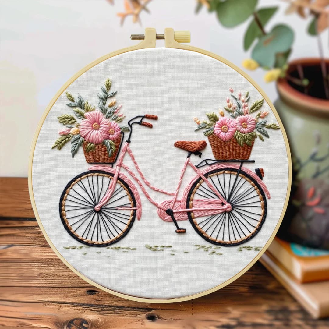 1pc 20X20CM/7.87inch Flowers on the bicycle Embroidery Starter Kit DIY kit Sewing Art Home Decor Set for Beginner - 2