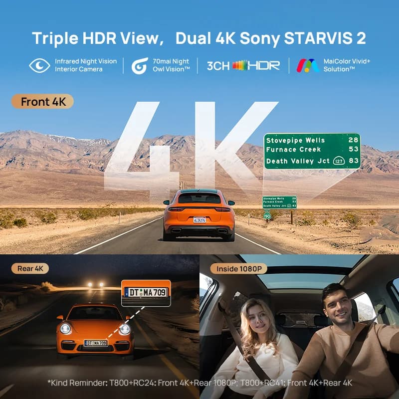 كاميرا سيارة 70mai T800 بدقة 4K، 3 قنوات، HDR، سوبر كاباسيتور، واي فاي 6، تحكم صوتي، 4G LTE، متوفرة في المستودع المحلي - 2