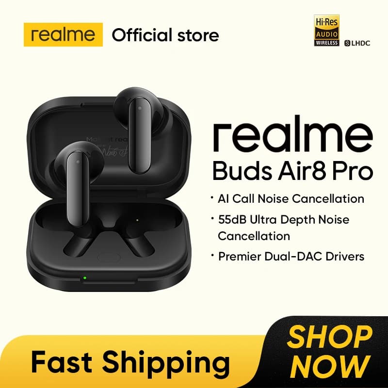 إصدار عالمي [إطلاق جديد] سماعات TWS realme Buds Air8 Pro إلغاء ضوضاء 55dB IP55 بلوتوث 6.1 LHDC 5.0