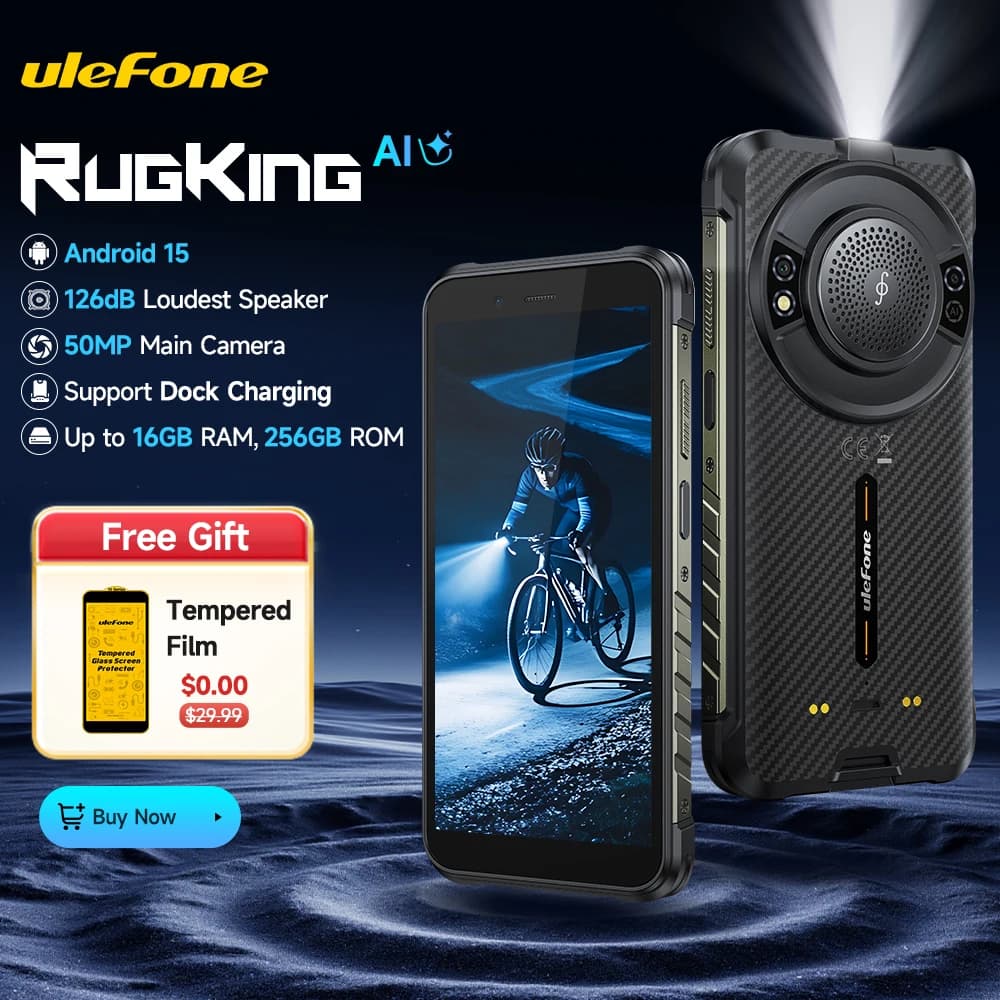 【جديد 2025】 هاتف Ulefone RugKing 4G متين بنظام أندرويد 15 وذاكرة تصل إلى 16 جيجابايت + 256 جيجابايت ومقاوم للماء وبطارية 9600 مللي أمبير وكاميرا 50 ميجابكسل وNFC، نسخة عالمية