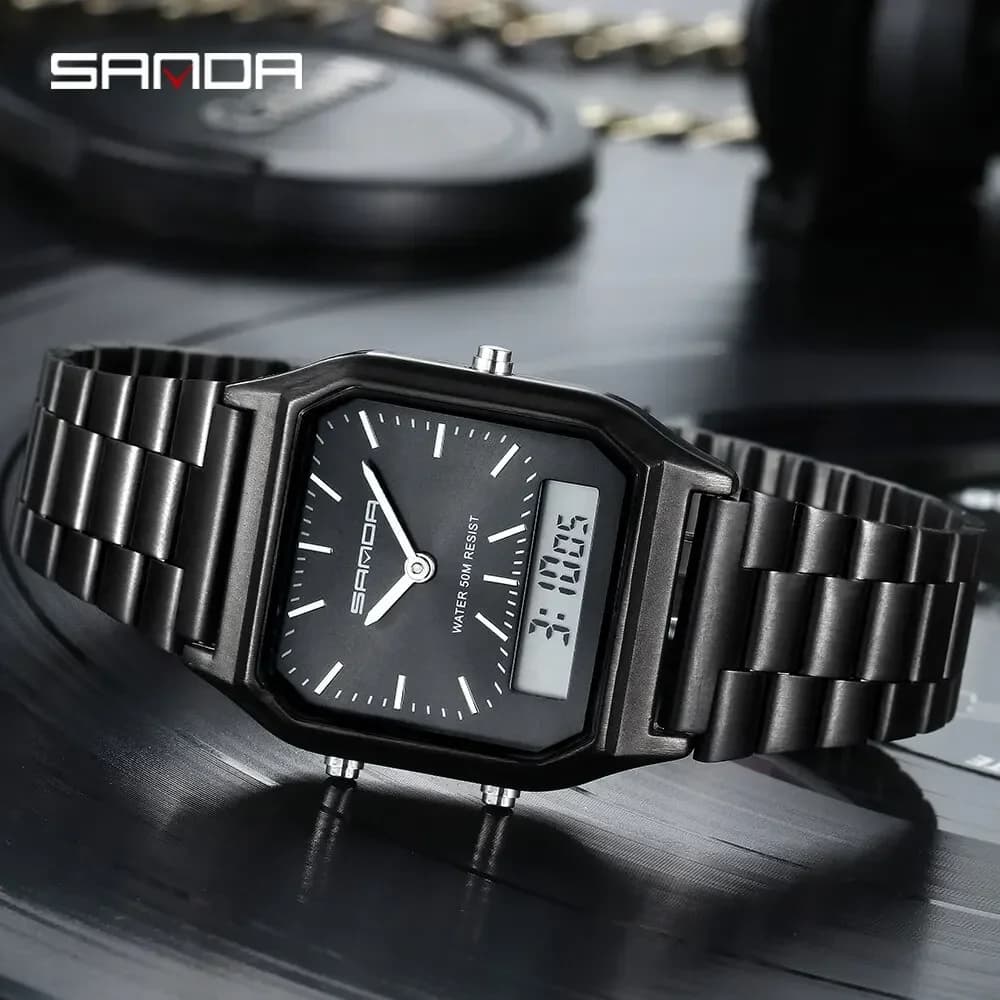 SANDA P747  Watch Luxury Mens Style Watches Stainless Steel Women LED Digital Dual Display Clock Unisex Waterproof Sports Quartz - 3