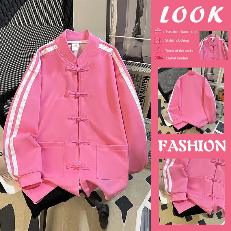 Loose Fit Sweatshirt with Button Design Autumn Winter New Style Versatile Outerwear Korean Style Long Sleeve Stand Collar Coat