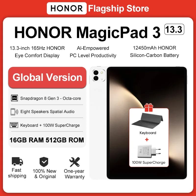 HONOR MagicPad 3 Tablet Global Version 13.3'' 165Hz Eye Protection Screen Snapdragon 8 Gen 3 12450mAh Long-Lasting Battery
