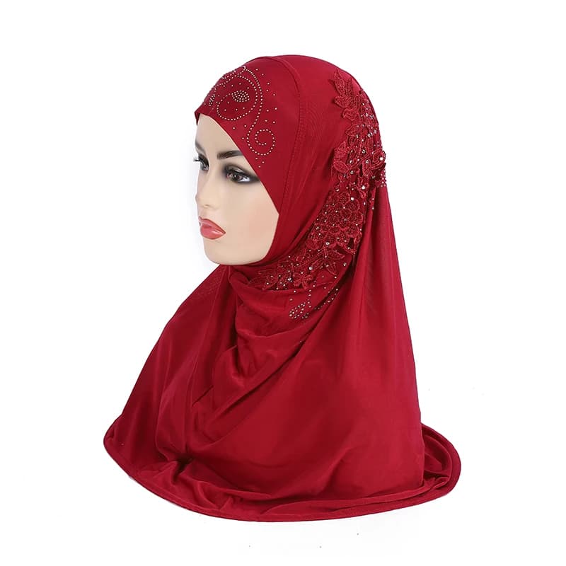 H027 حجاب مسلم كبير جميل للفتيات مع دانتيل وأحجار، وشاح إسلامي، شال، غطاء رأس، هدية رمضان - 6