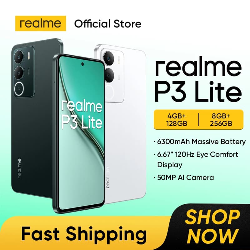 هاتف ريلمي P3 لايت الجديد، بطارية 6300 مللي أمبير، شحن 15 واط، شاشة 6.67 بوصة بمعدل تحديث 120 هرتز، كاميرا AI 50 ميجابكسل، معالج ثماني النواة، NFC