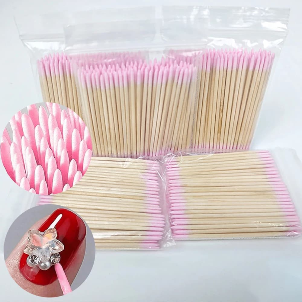 400pcs Pink Double Head Nail Art Cuticle Pusher Remover 7CM Orange Wood Sticks Cotton Swab Clean Tool for Nail Rhinestone Makeup - 2