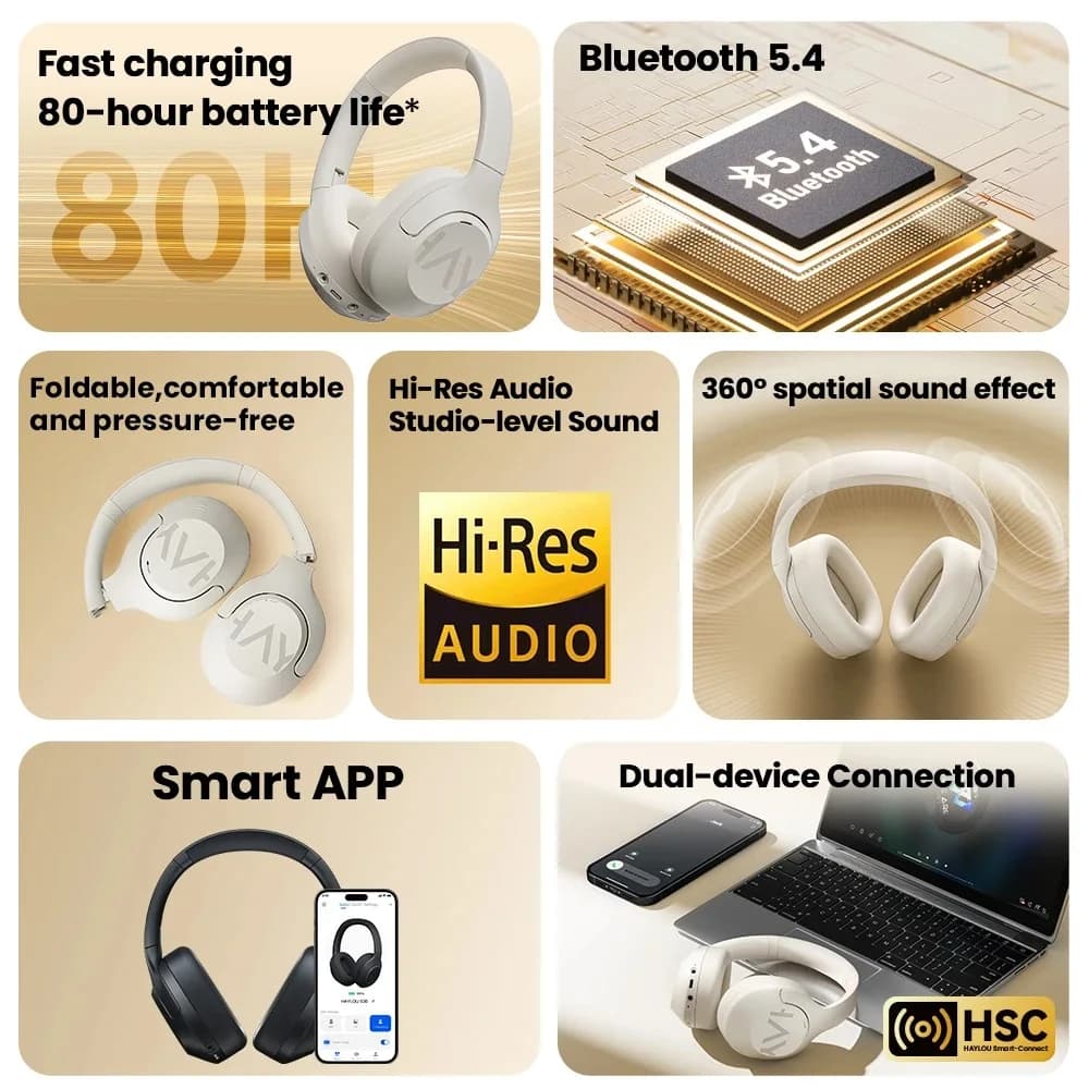 HAYLOU S30 Wireless Bluetooth 5.4 Headphones 43dB Adaptive Noise Cancelling Headsets 40mm Driver 80H Playtime Earphones - 2