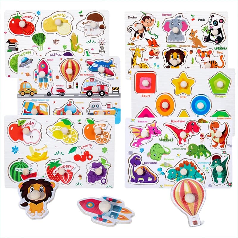  ﻿ مونتيسوري خشبية اليد انتزاع لوحات الطفل التعليمية الكرتون مركبة الحيوانات الفواكه ثلاثية الأبعاد الألغاز الاطفال التعليم المبكر اللعب TMZ ﻿