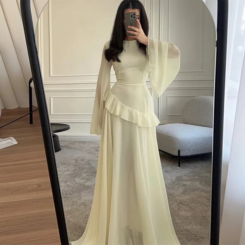 فستان شيفون نسائي منفوش بأكمام واسعة وياقة دائرية 2025 جديد أنيق فستان ماكسي للحفلات المسائية والعطلات - 4