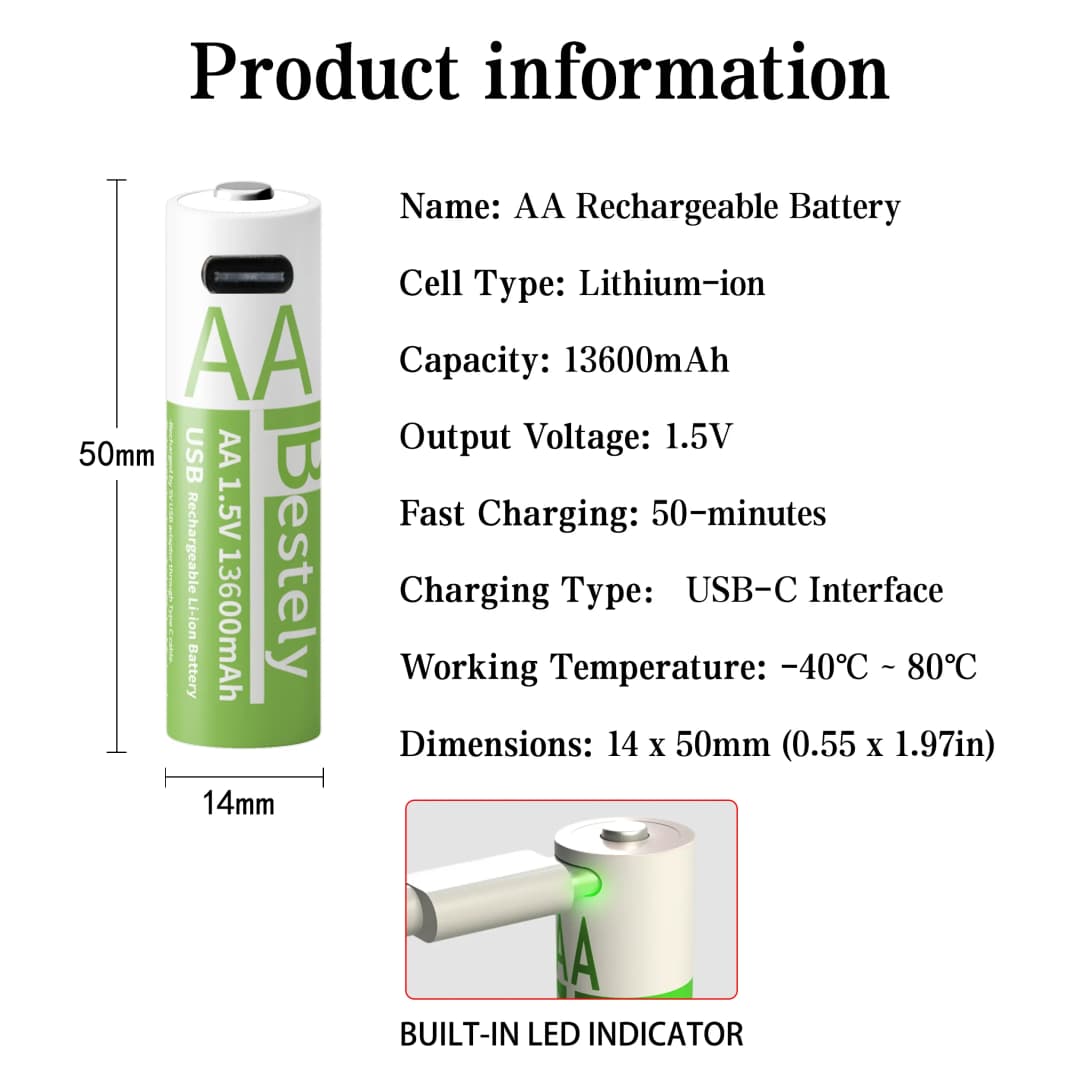بطارية ليثيوم قابلة لإعادة الشحن Bestely 1.5V AA 13600mAh بطاريات أيونات الليثيوم طويلة الأمد شحن سريع 2000 دورة مع كابلات USB-C - 2