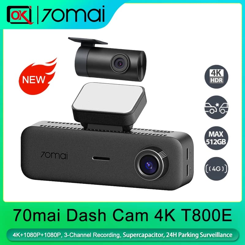 70mai كاميرا سيارة T800E 3 قنوات 2160P ثنائي 4K رؤية ثلاثية HDR سوبر كاباسيتور GPS WiFi 6 تحكم صوتي