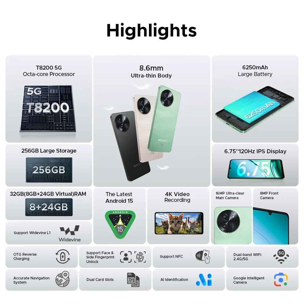الإصدار العالمي لهاتف DOOGEE Note59 Pro 5G الذكي بنظام أندرويد 15 وذاكرة رام 8 جيجابايت وذاكرة داخلية 256 جيجابايت وشاشة 6.75 بوصة HD+ وبطارية 6250 مللي أمبير وتقنية NFC - 2