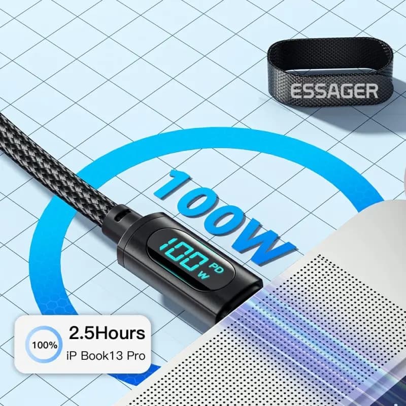 كابل Essager Type C إلى Type C بقوة 100 واط PD شحن سريع كابل عرض USB C إلى USB C لهواتف شاومي POCO F3 ريلمي ماك بوك آيباد - 3