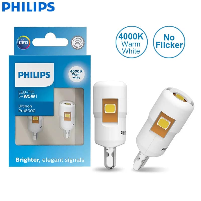 Philips LED T10 W5W 194 Ultinon Pro6000 4000K 6000K Bright White Auto Turn Signal Lamps Car Interior Lamps No Error 11961, 2x - 2
