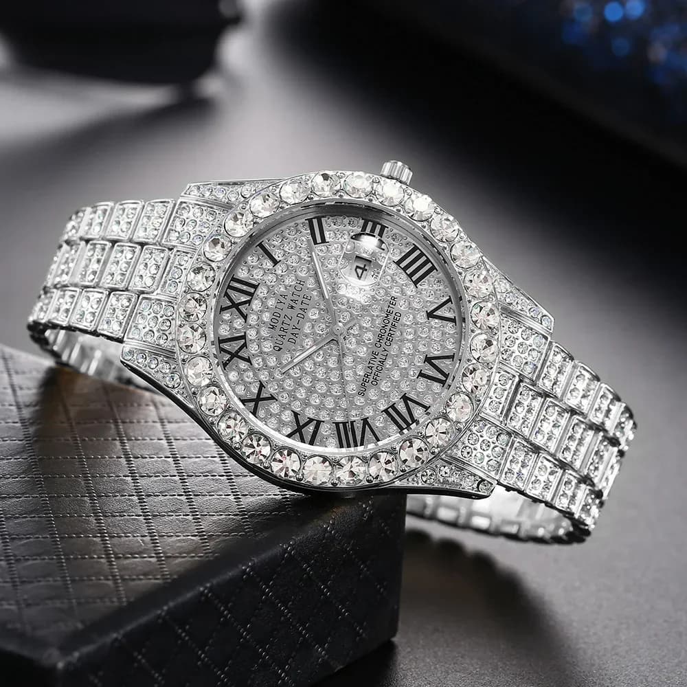 Hot Sale Diamond Bling Watch Men Gold Color Luxury Gift Quartz Watches Male Clock Dropshipping  Rhinestone Calendar Wristwatch - 3