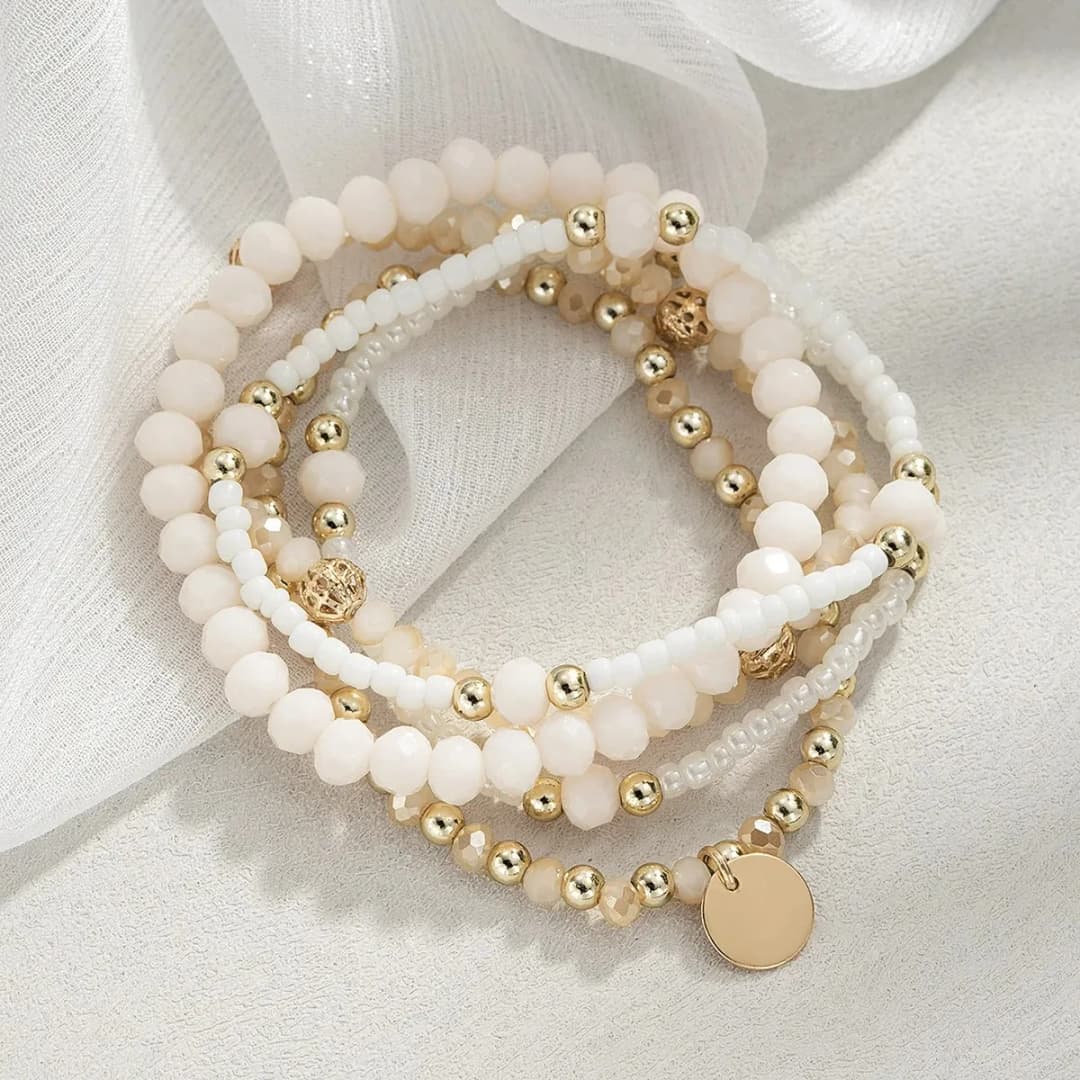 5Pcs/Set Charm Resin Beaded Fashion Bracelet Set for Women Round Piece Elastic Bead Chain Bangle Wrist Strap Vacation Jewelry - 4