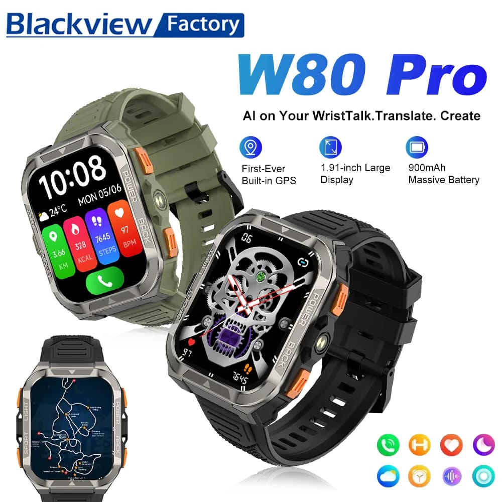 ساعة ذكية Blackview W80 Pro بشاشة 1.91 بوصة وكشاف LED وبطارية 900mAh مع نظام تحديد المواقع GPS ومراقبة الصحة