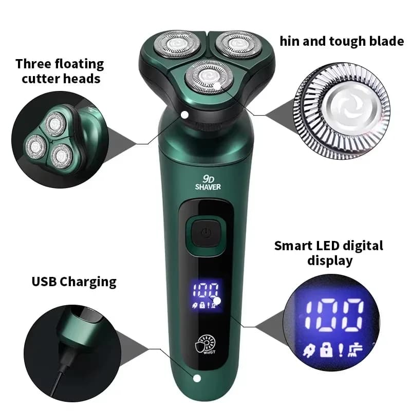ماكينة حلاقة كهربائية جديدة بشاشة عرض رقمية LED وشفرات ثلاثية عائمة قابلة للشحن عبر USB وغسل متعددة الوظائف سكين اللحية - 4