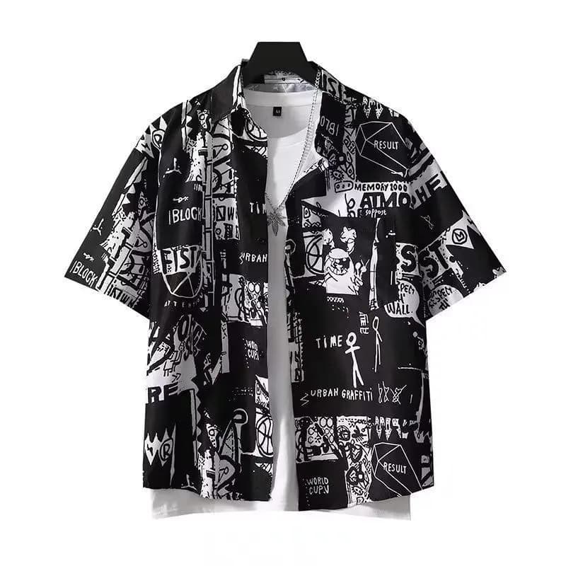 Japanese Retro Printed Short-Sleeve Shirt for Men,Trendy Brand Letter Shirt, Loose Casual VersatileThin Short-Sleeve Dress Shirt - 5