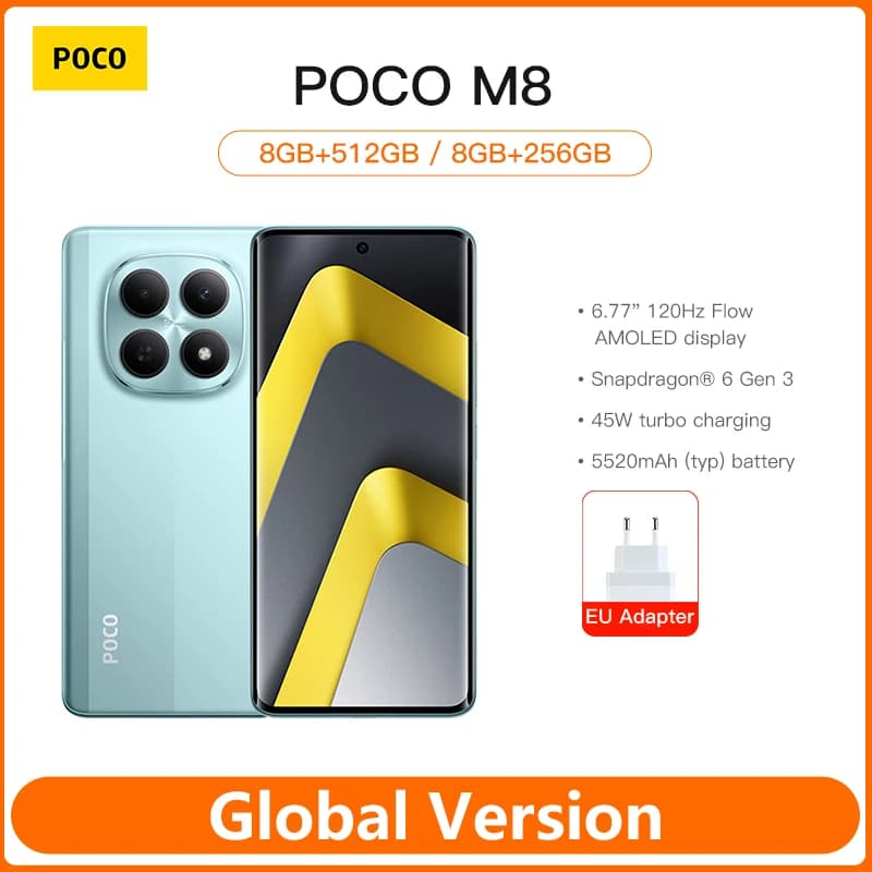 هاتف Xiaomi POCO M8 5G الإصدار العالمي، معالج Snapdragon® 6 Gen 3، شاشة Flow AMOLED مقاس 6.77 بوصة، بطارية 5520 مللي أمبير، شحن 45 واط، NFC