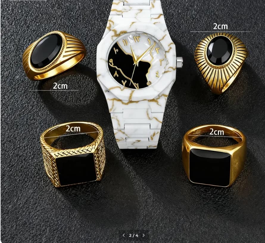 Five-piece business-style set, featuring elegant gold watches and rings arranged on a dark leather background, highlighting a se - 2