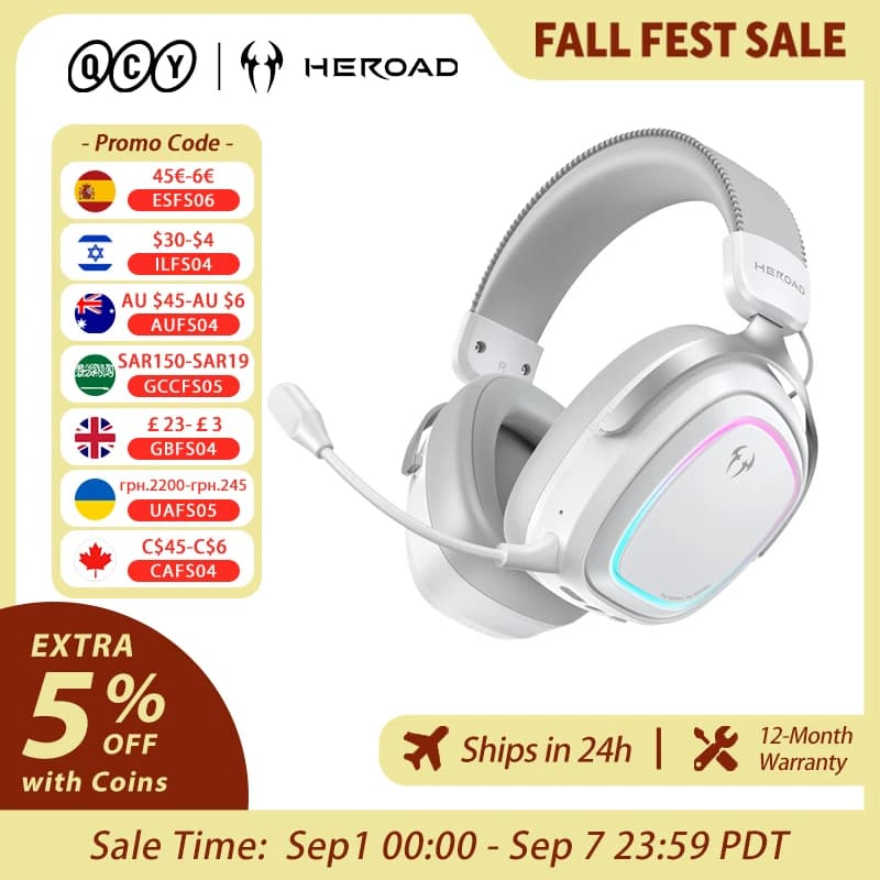 Heroad GT2 Wireless Gaming Headset by QCY THX Spatial Audio+7.1.4 Tri-mode RGB 3-Mic ENC Over Ear Headphone for PC Headset Gamer