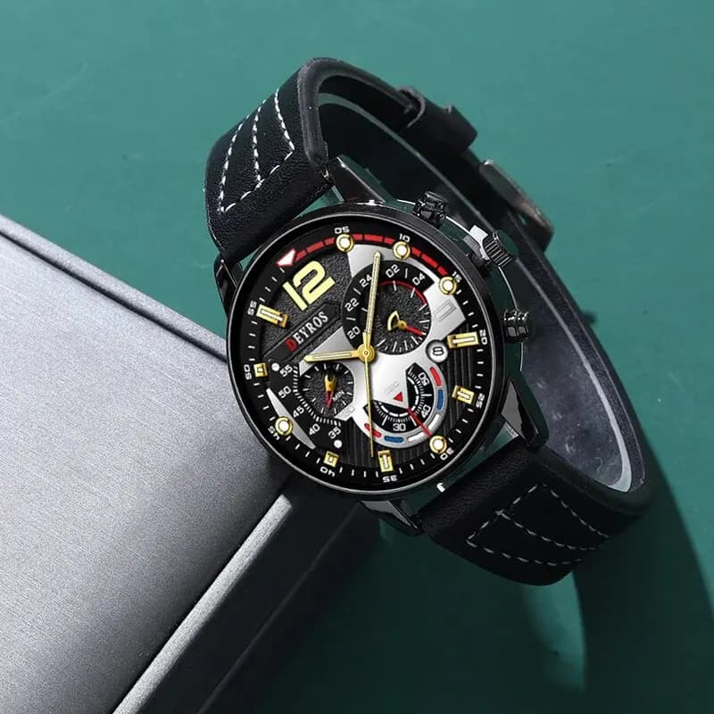 3PCS Set Fashion Mens Watches Luxury Black Leather Quartz Wristwatch Calendar Date Men Business Casual Watch Bracelet Necklace - 5