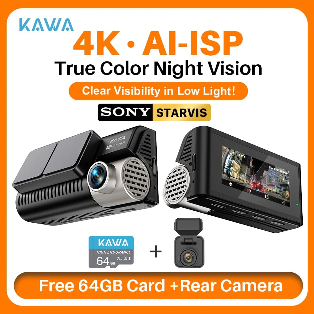 4K Dash Cam Front and Rear KAWA D11 WiFi Camera Car DVR GPS Video Recorder AI-ISP Color Night Vision Motion Detect Auto Dashcam