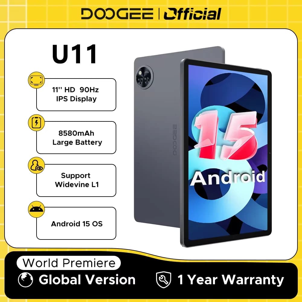 Global Version DOOGEE U11 Android 15 Tablet 11" Ultra-clear 90Hz Display 16GB(4+12) 128GB 8580mAh Battery Unisoc T606 octa-core