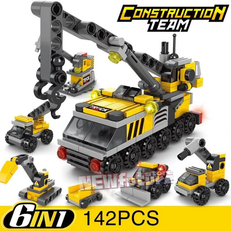 6in1 NEW Excavating Machinery Engineering Vehicle Crane Car Truck Material Handler Model Building Blocks Sets Bricks Toy City - 5