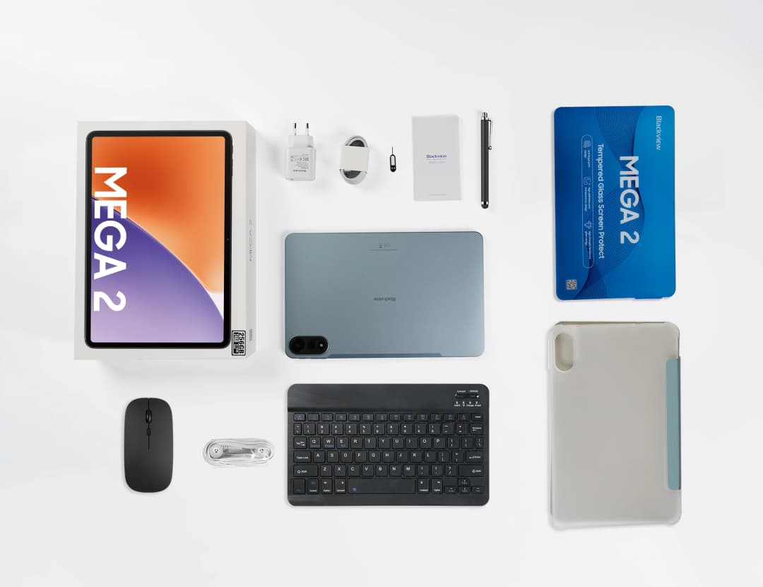 مجموعة جهاز لوحي Blackview MEGA 2 مع لوحة مفاتيح وفأرة وقلم، شاشة 12 بوصة بدقة 2K ذاكرة وصول عشوائي 12GB+24GB ذاكرة قراءة فقط 256GB نظام أندرويد 15 بطارية 9000mAh - 6