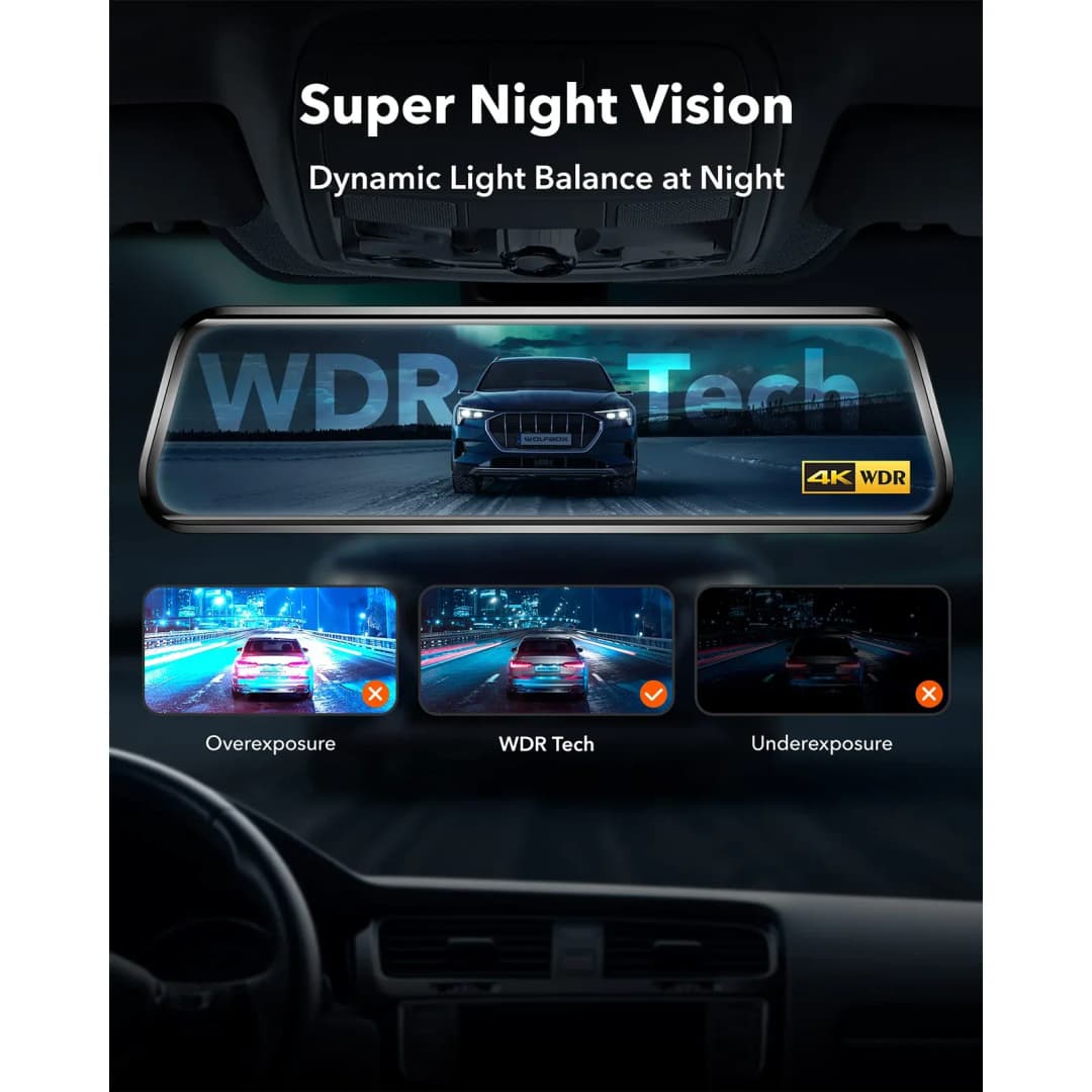 كاميرا لوحة قيادة WOLFBOX G930 بشاشة 10 بوصة وواي فاي، مسجل فيديو عالي الدقة 4K، كاميرا مرآة بزاوية رؤية 140 درجة، مسجل فيديو بشاشة لمس مع عرض وقوف السيارات لمدة 24 ساعة - 3