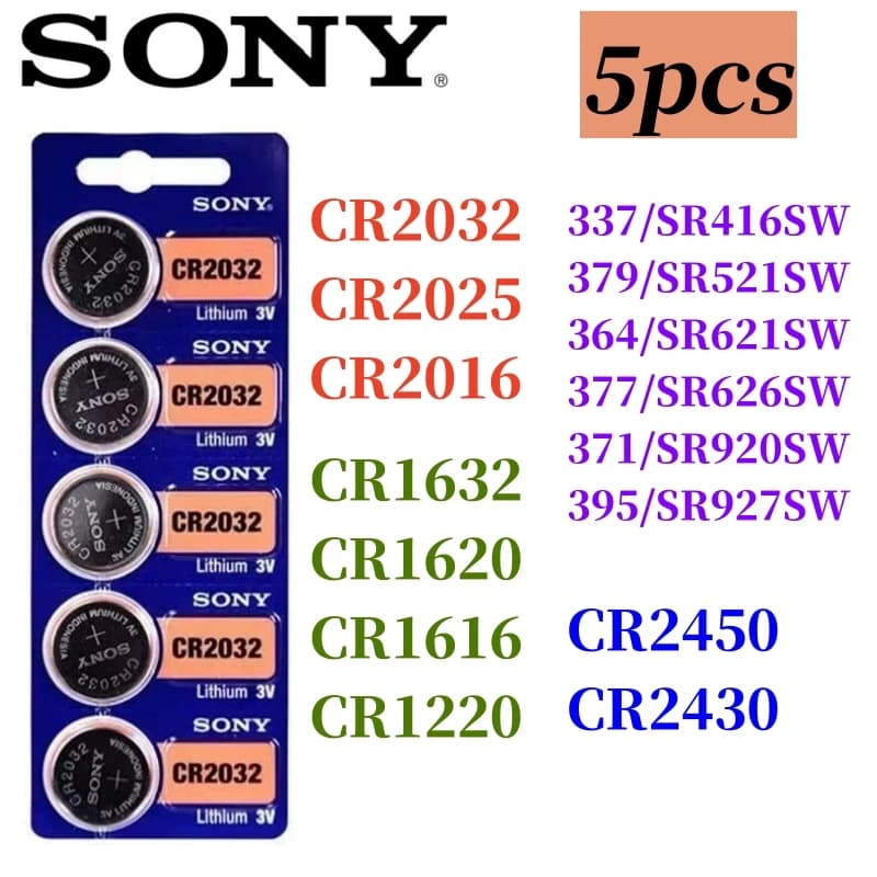 5 قطع بطاريات SONY أصلية: CR2032، CR2025، CR2016، CR1632، CR1220، CR1620، CR2450، CR2430، 371، SR920SW، 377، SR626SW، 364، SR621، 399، SR927SW