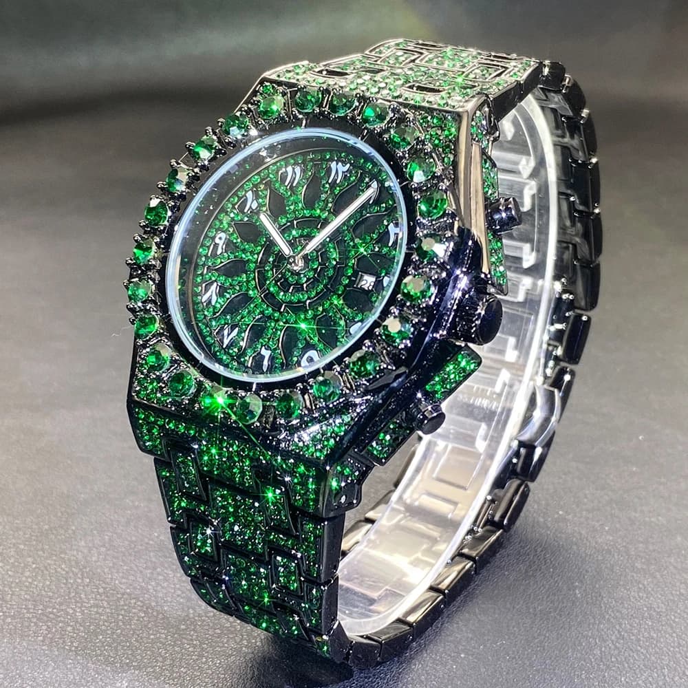 MISSFOX Hip Hop Wristwatch For Men Luxury lce Out Full Diamond Watches Fashion Green Watch Wterproof Week Display Clock 2025 - 2