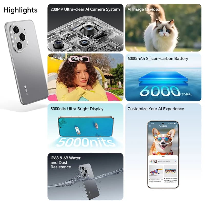 هاتف هونر 400 برو 5G إصدار عالمي، ذاكرة وصول عشوائي 12 جيجابايت، ذاكرة قراءة فقط 512 جيجابايت، كاميرا رئيسية 200 ميجابكسل، شاشة AMOLED 6.7 بوصة، بطارية 6000 مللي أمبير، شحن سلكي 100 واط، شحن لاسلكي 50 واط - 2