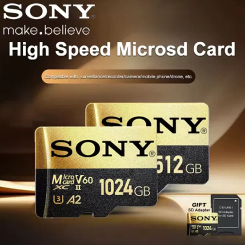 بطاقة ذاكرة SONY عالية السرعة TF مايكرو SD 128GB/256GB/1024GB A2 U3 قراءة/كتابة مستقرة، أسود وذهبي للأجهزة اللوحية وأجهزة الألعاب