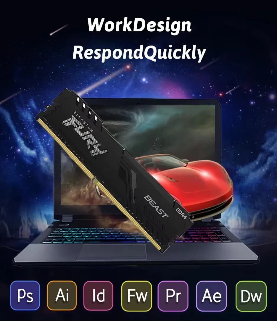 ذاكرة رام كينجستون فيوري بيست DDR4 بسعة 8 جيجابايت و16 جيجابايت و32 جيجابايت بتردد 3600 و3200 ميجاهرتز للكمبيوتر الشخصي مع مشتت حراري 288Pin XMP2.0 متوافقة مع لوحات أم AMD أو INTEL - 3