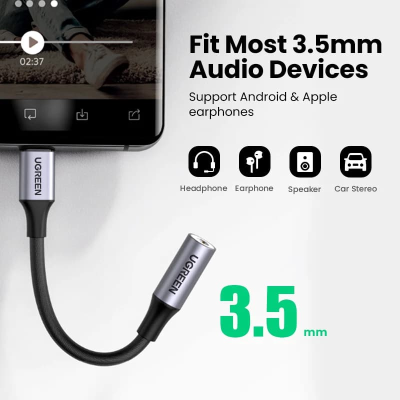 كابل USB Type-C إلى 3.5mm لسماعات الأذن من UGREEN مع محول صوت لأجهزة شاومي Mi10 وهواوي P30 وOneplus 9 - 2