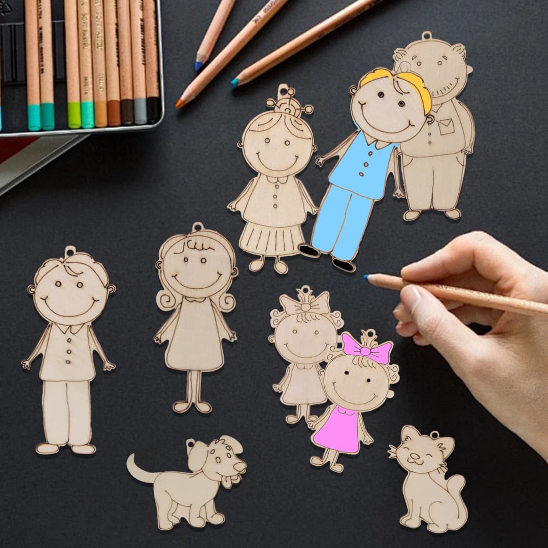 16pcs Wooden Family Member Ornaments Cartoon Figure Unpainted Pendant for Birthday Party Decoration DIY Painting Crafts Supplies