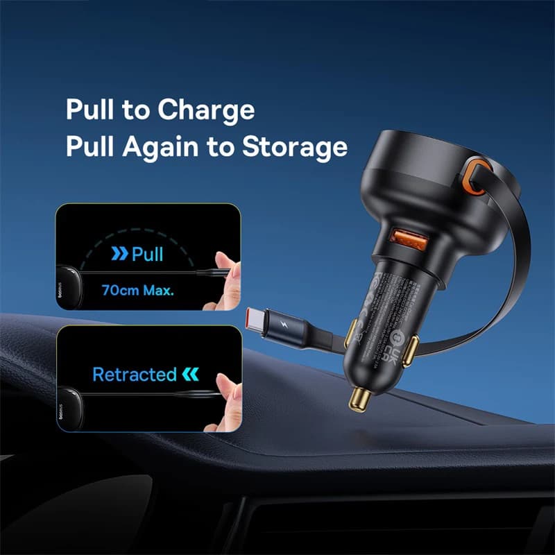 Baseus 60W Car Charger 2 in 1 Retractable Cable SCP 25W QC PD 30W Fast Car Phone Charger For iPad iPhone 16 15 14 13 Pro Samsung - 3