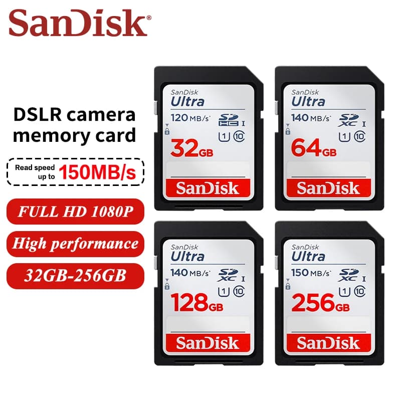 بطاقات ذاكرة SanDisk Ultra SDHC SDXC UHS-I C10 U1 32 جيجابايت 64 جيجابايت 128 جيجابايت 256 جيجابايت سرعة قراءة تصل إلى 150 ميجابايت/ثانية مقاومة للماء لكاميرا الفيديو عالي الدقة