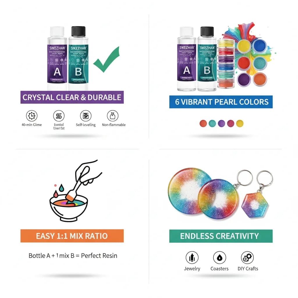 طقم راتنج إيبوكسي شفاف كالكريستال مع 6 ألوان من مسحوق الميكا، غراء AB خالٍ من الفقاعات لصناعة المجوهرات، فن الأظافر، الصابون والحرف اليدوية - 3