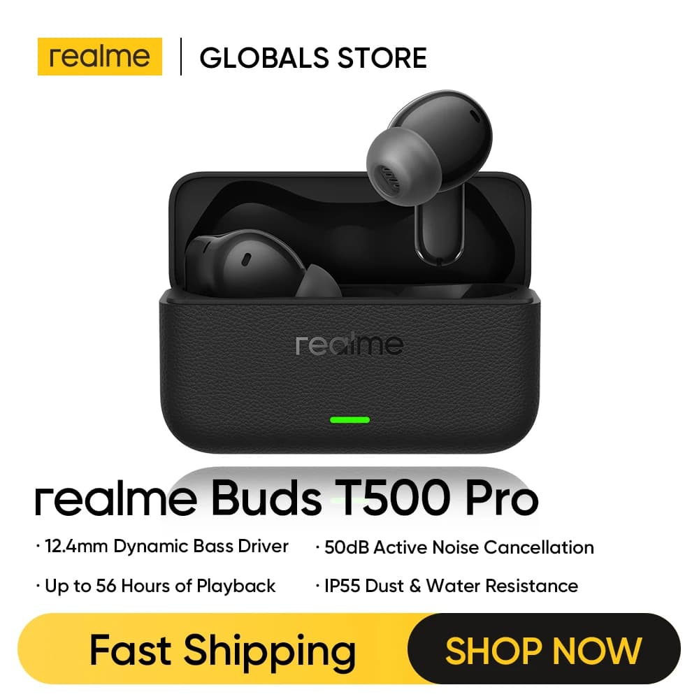سماعات أذن realme Buds T500 Pro TWS مع إلغاء ضوضاء 50 ديسيبل وحتى 56 ساعة من التشغيل وبلوتوث 6.1 وIP55 ومشغل باس 12.4 ملم